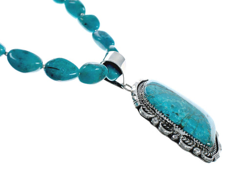 Navajo Turquoise Sterling Silver Bead Necklace And Pendant Set X10851
